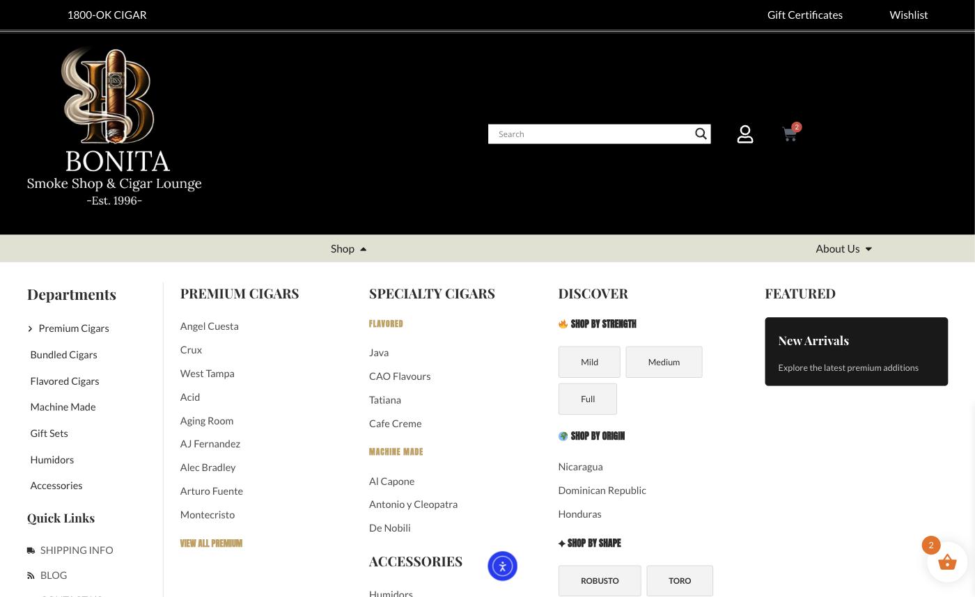 The WooCommerce mega menu, showing products organised by department, brand, strength, origin and shape.