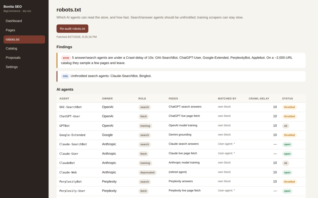 The robots.txt audit listing AI crawlers by owner and role with their crawl delay and access status