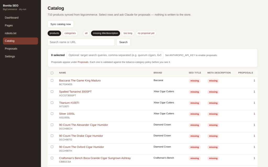 The catalog screen filtered to products with a missing SEO title or meta description