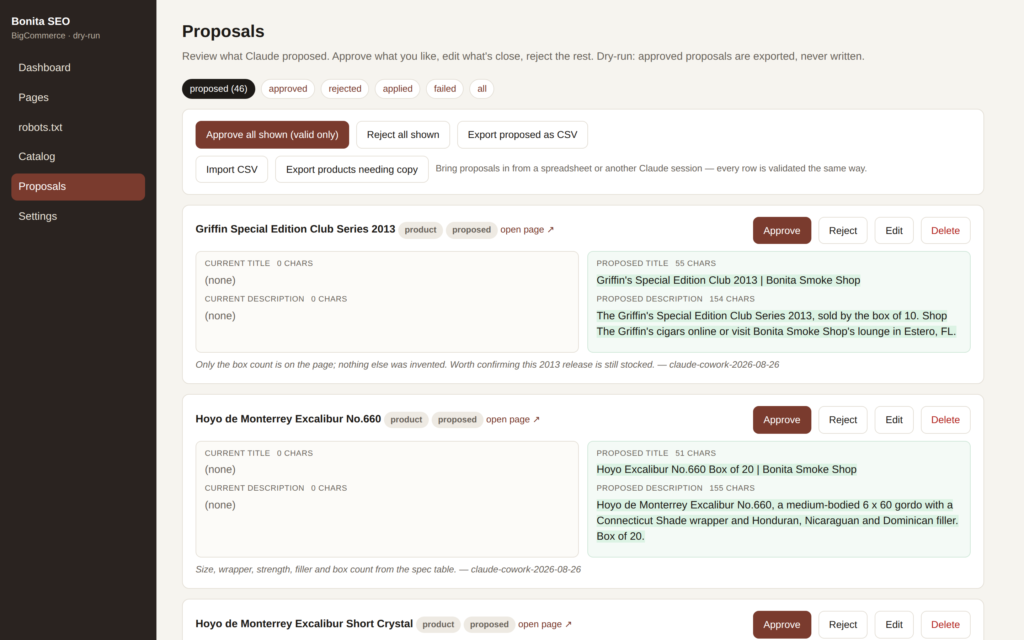 The proposals review queue showing before and after cards with approve, reject and edit controls plus CSV import and export