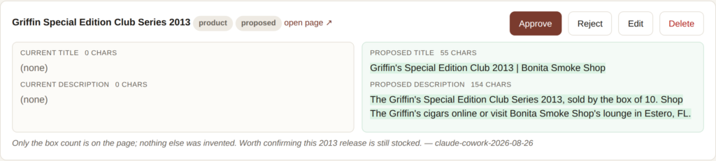 A single proposal card comparing an empty current title and description against the proposed versions with character counts