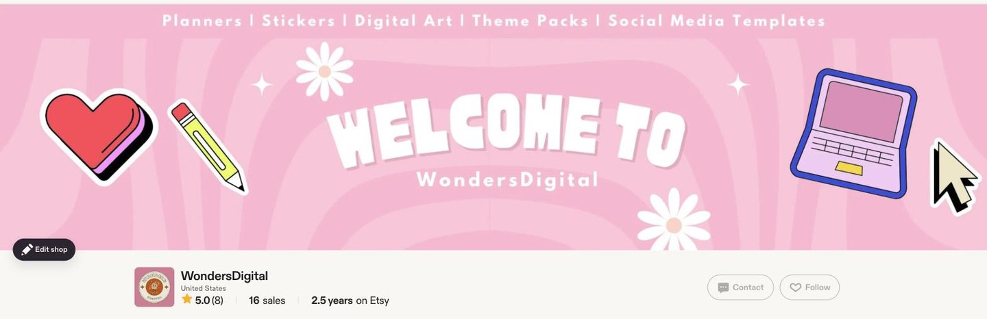 The WondersDigital Etsy storefront banner and shop profile — 46 listings, 5.0 stars.