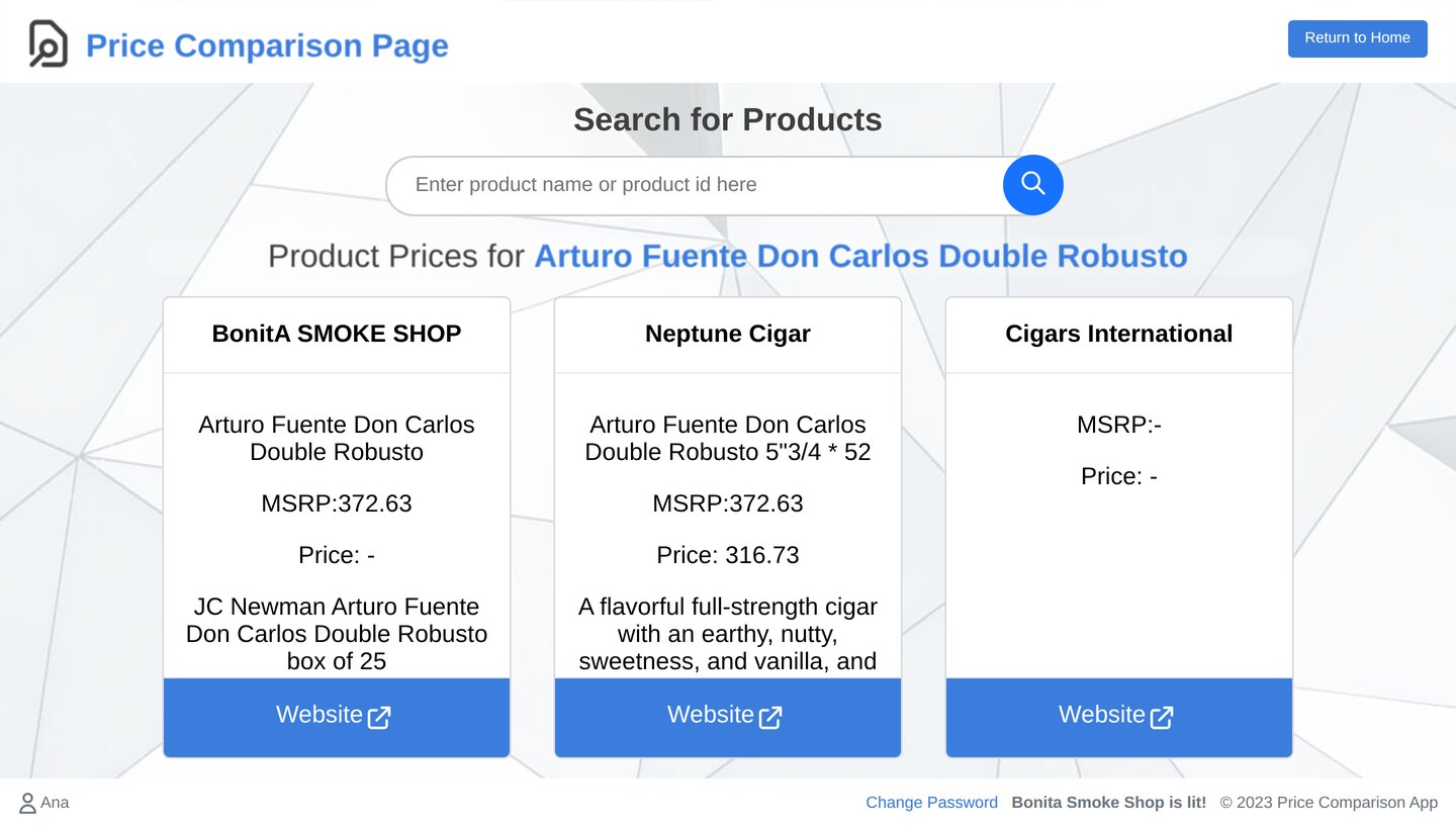 The Flask price comparison app showing live scraped prices for the same cigar across three retailers side by side.