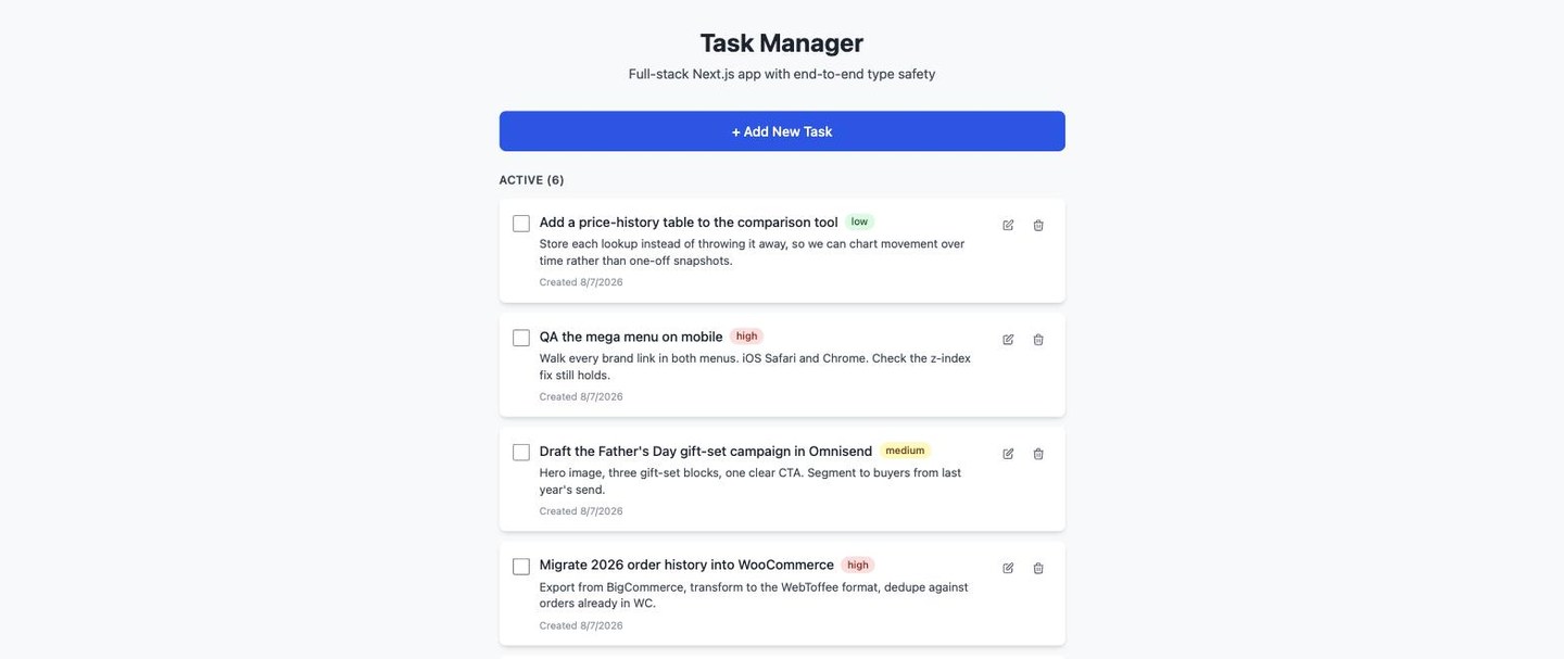The Task Manager Next.js demo showing active tasks with priority labels.